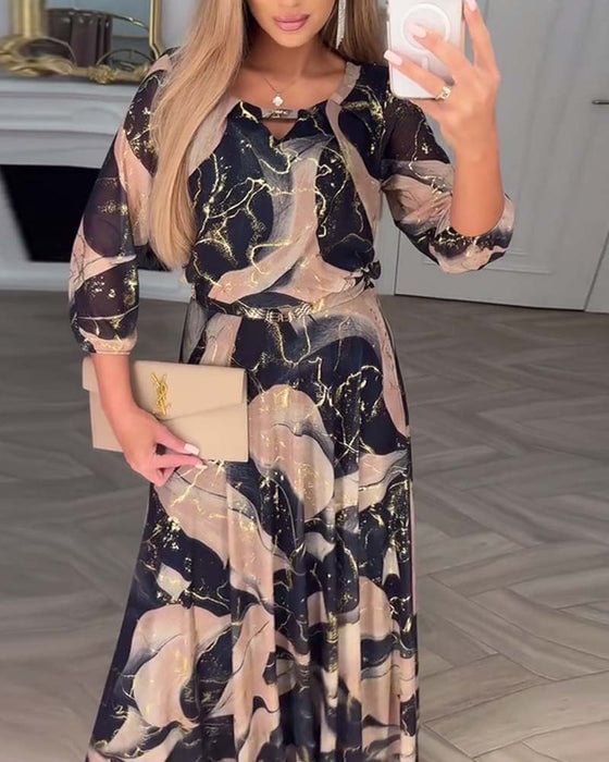 Aurora – Printed Chiffon Maxi Dress with Three-Quarter Sleeves