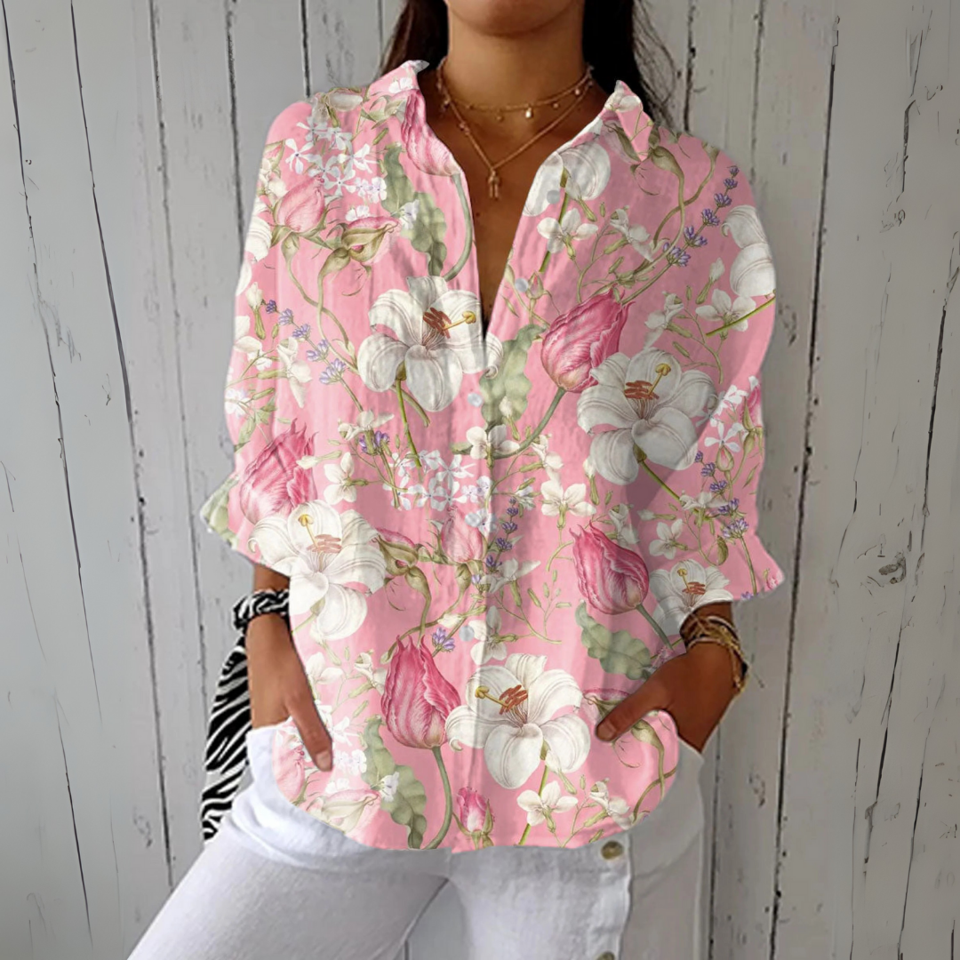 Katie™-Vintage Floral Art Print Casual Linen V-neck Shirt