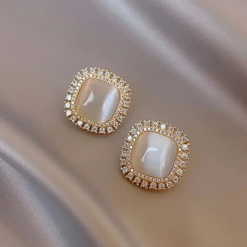 Chic Square Opal and CZ Crystal Stud Earrings